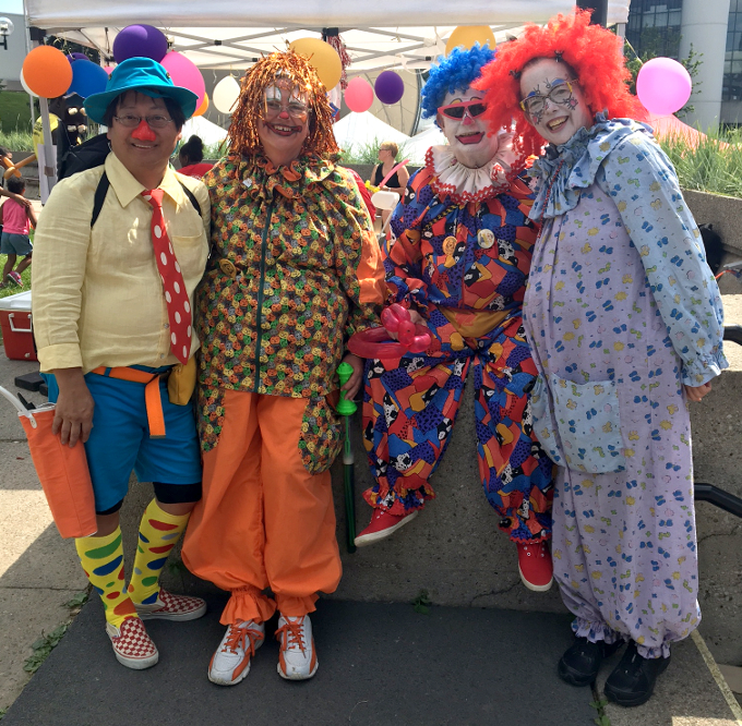 2017 July 15: Scarborough Celebrates Ontario 150 Festival. Scarborough Corp of Clowns Deigo, Jill, Bobbo and June. Fun was had by all.