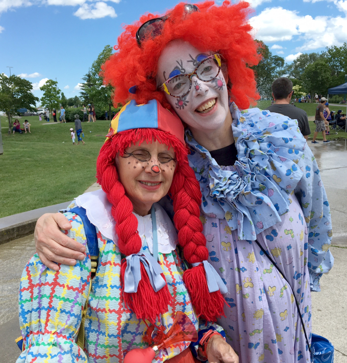 2017 Port Union Waterfront festival, Scarborough Corp of Clowns, Tripper and Junebug share a hug!