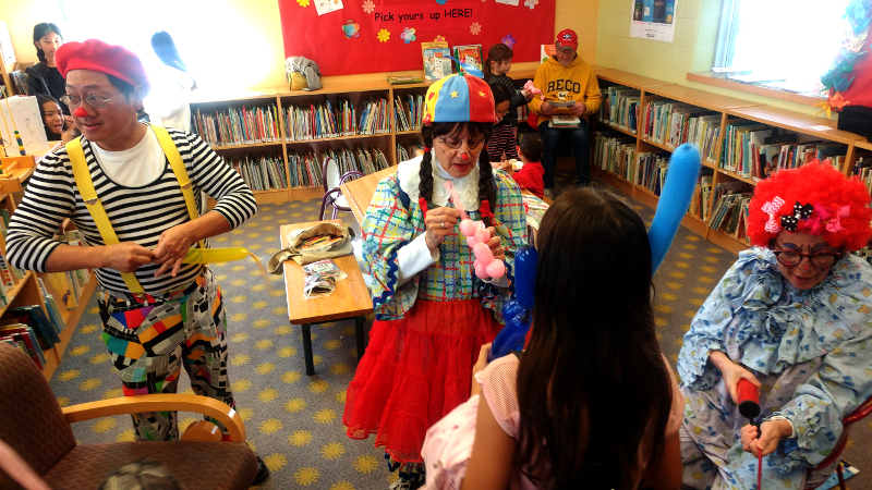 Toronto Public Library, Centennial Branch (Bathurst/Finch), Open House, Scarborough Corp of Clowns Deigo, Tripper, Junebug. Photo by Nisha Prajapati