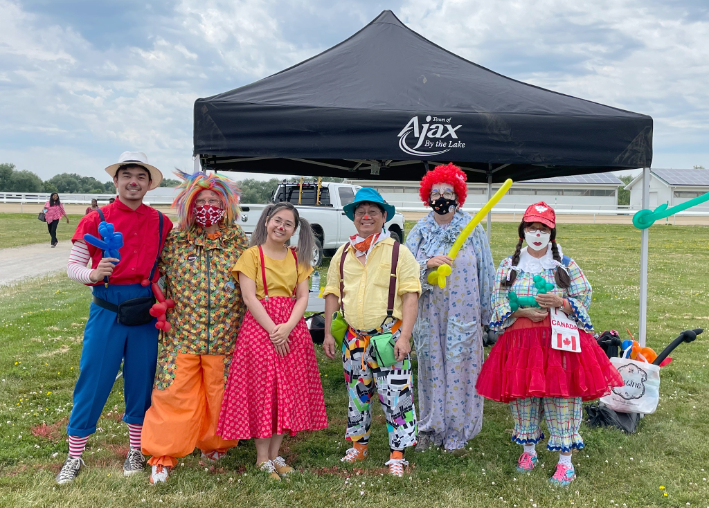 2022 Jul 01 Ajax-Pickering Canada Day, Scarborough Corp of Clowns, RSweetco, Pumpkin, M, Deigo, Junebug, Tripper