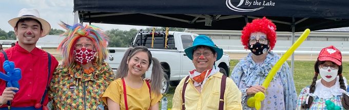 2022 Jul 01 Ajax-Pickering Canada Day, Scarborough Corp of Clowns, RSweetco, Pumpkin, M, Deigo, Junebug, Tripper